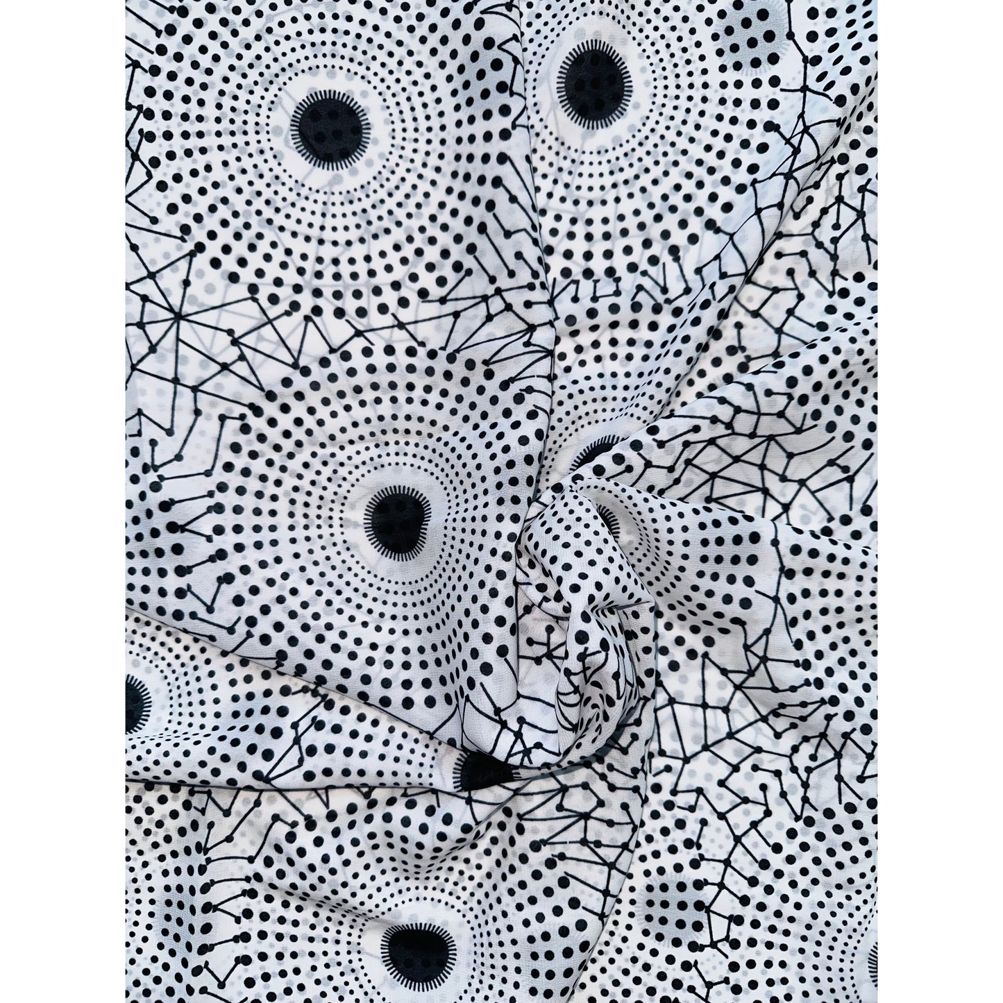 African Print, Chiffon Fabric- Black, White "Bullseye", ~ 2 Yards