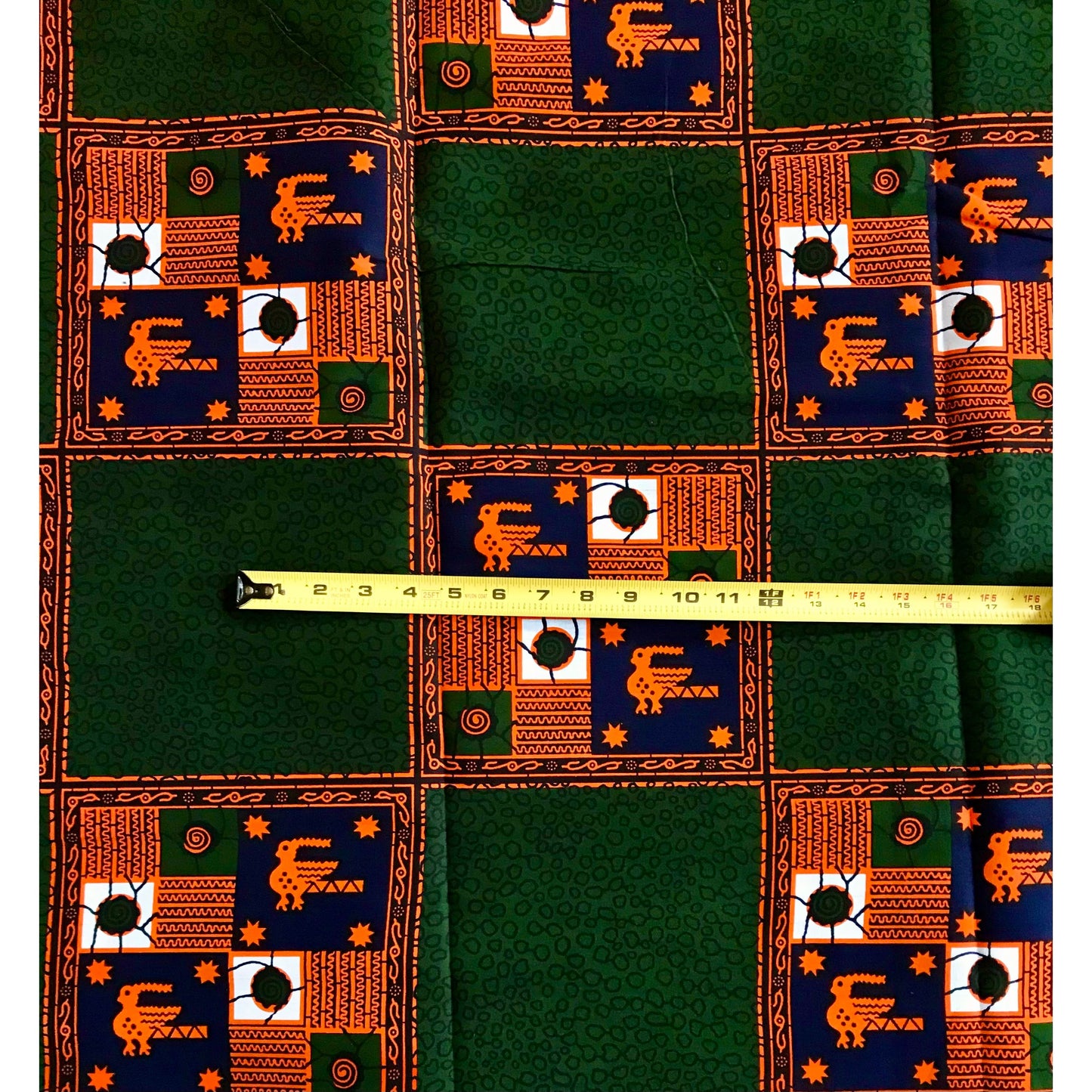 African Print Fabric/Ankara - Green, Orange, Navy 'Riddle of Wa' Design, YARD or WHOLESALE