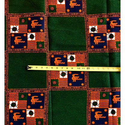 African Print Fabric/Ankara - Green, Orange, Navy 'Riddle of Wa' Design, YARD or WHOLESALE