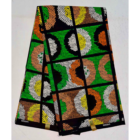 African Print Fabric/ Ankara - Green, Yellow, Orange ‘Kisiwa Echo', YARD or WHOLESALE