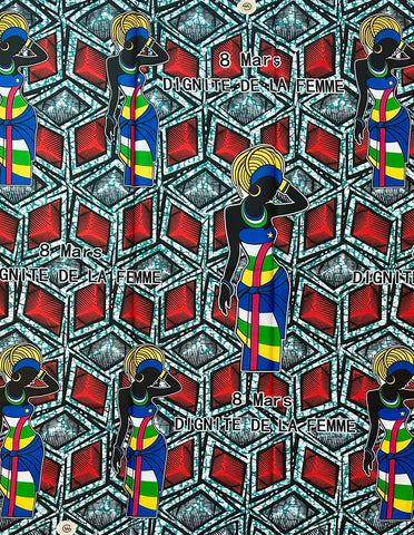 African Print Fabric/ Ankara - Green, Red, Blue 'Dignite De La Femme,’ YARD