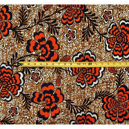 African Print Fabric/Ankara - Orange, Brown, Black "Plenty Petal" Design, Per Yard