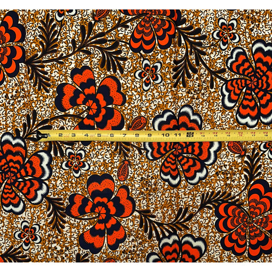 African Print Fabric/Ankara - Orange, Brown, Black "Plenty Petal" Design, Per Yard
