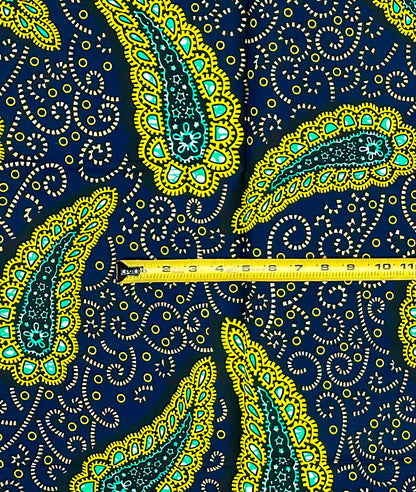 African Print Fabric/ Ankara - Navy, Yellow, Teal ‘Safiri Paisley' Design, 1 YARD