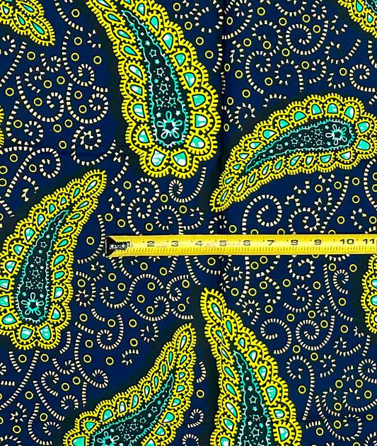 African Print Fabric/ Ankara - Navy, Yellow, Teal ‘Safiri Paisley' Design, 1 YARD