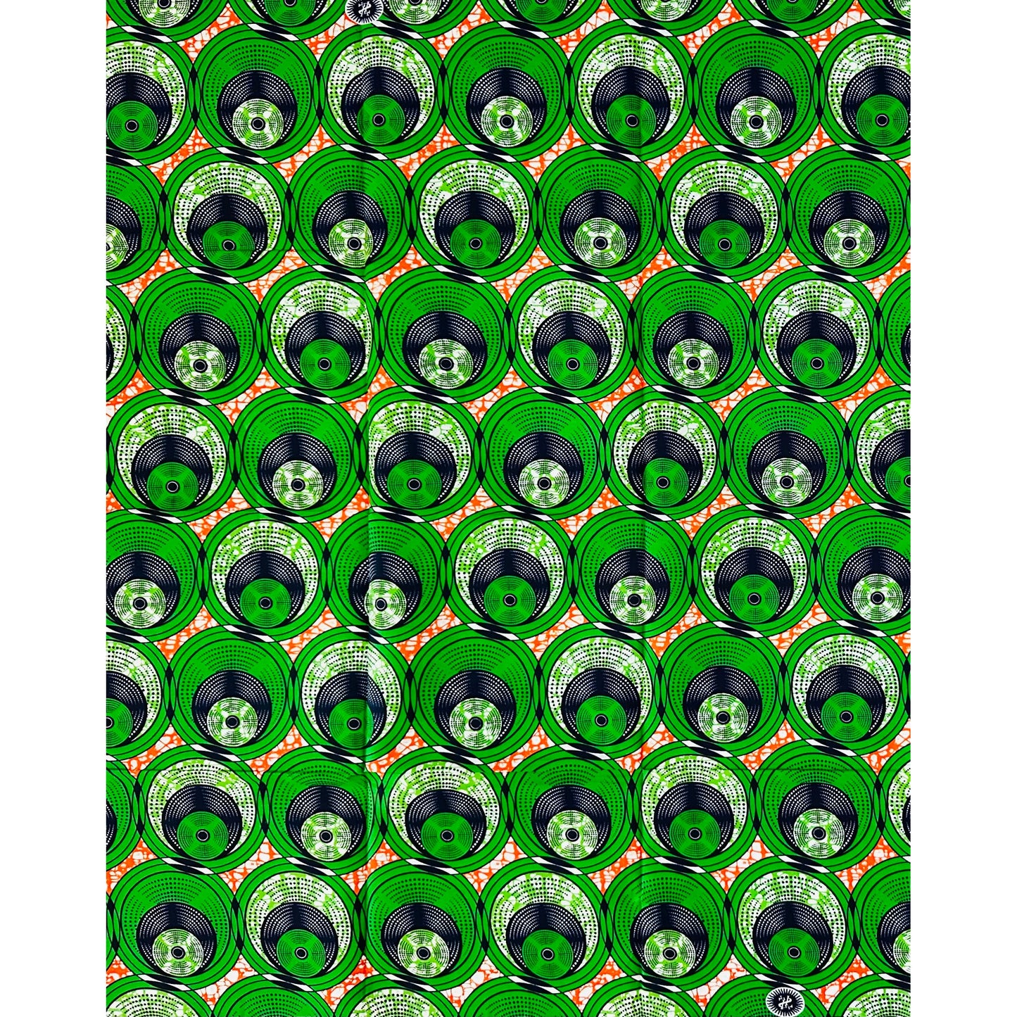African Print Fabric/ Ankara - Green, Orange 'Ayé Rhythm Circles,’ 1 YARD
