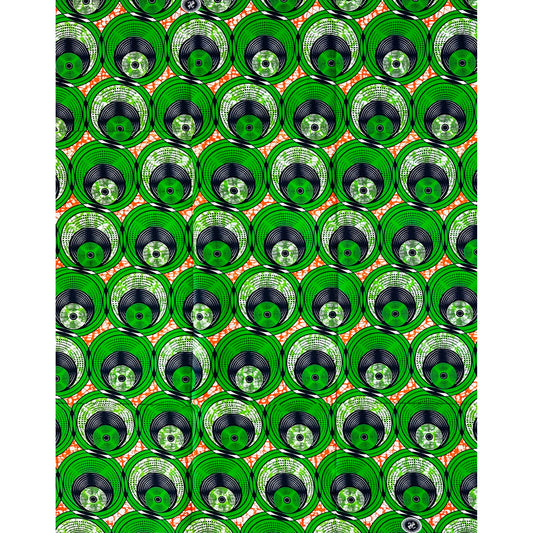 African Print Fabric/ Ankara - Green, Orange 'Ayé Rhythm Circles,’ 1 YARD