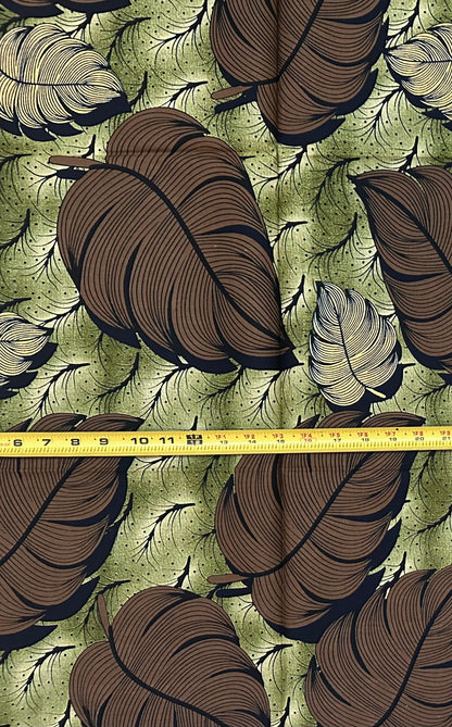 African Print Fabric/ Ankara - Green, Brown 'Last Leaves' Design, 1 Yard