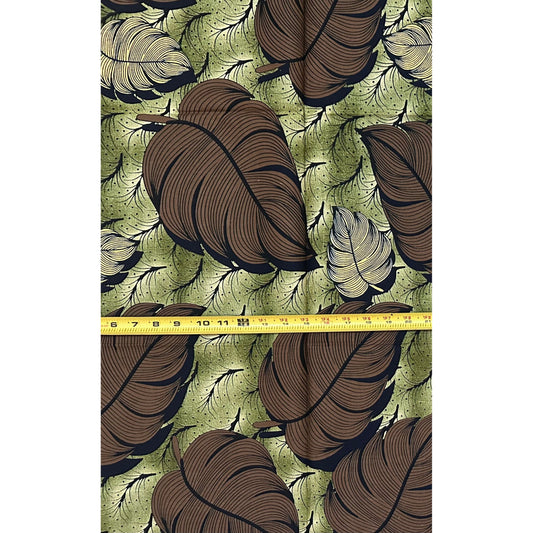 African Print Fabric/ Ankara - Green, Brown 'Last Leaves' Design, 1 Yard