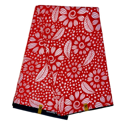 African Print Fabric/ Ankara - Red, White 'Ewa Petals' Design, YARD or WHOLESALE