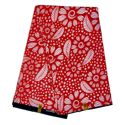 African Print Fabric/ Ankara - Red, White 'Ewa Petals' Design, YARD or WHOLESALE