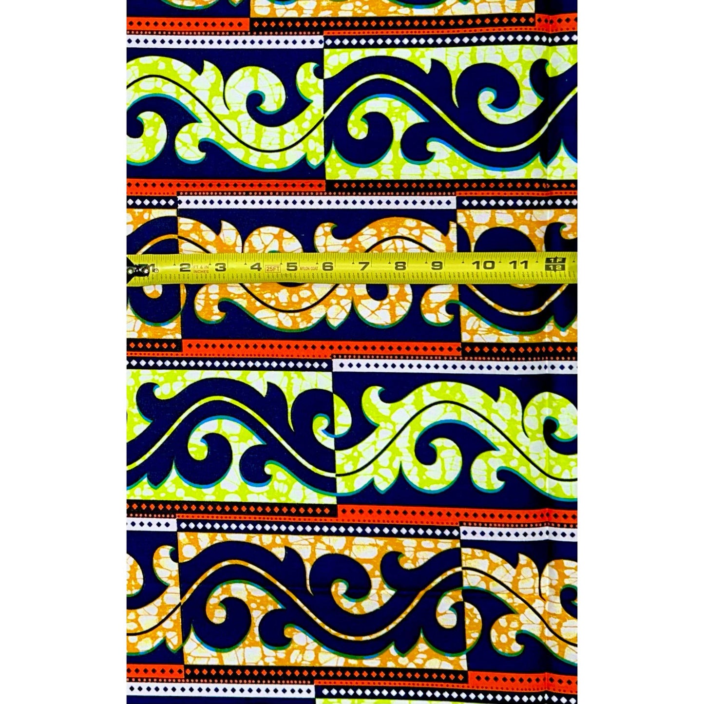 African Print Fabric/ Ankara - Orange, Yellow, Navy ‘Brick & Thunder' Design, YARD