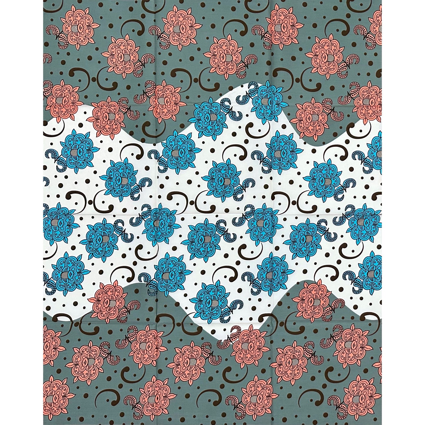 African Print Fabric/ Ankara - Blue, Slate, Pink, Off-White "Afternoon Tea", 1 Yard