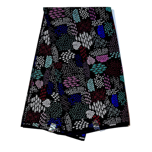 African Print Fabric/Ankara - Black, Blue, Red, Pink "Stitched by Memory" Design, YARD or WHOLESALE
