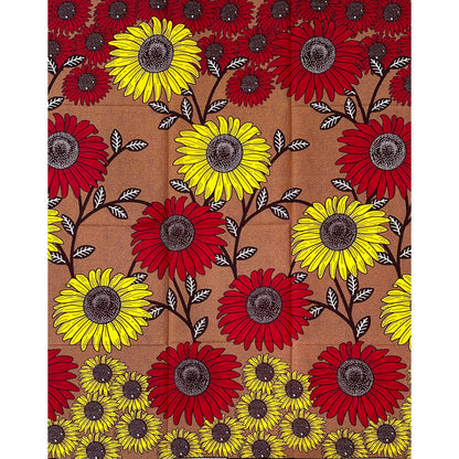 African Print Fabric/ Ankara - Brown, Red, Yellow 'Sango Blooms', 1 YARD