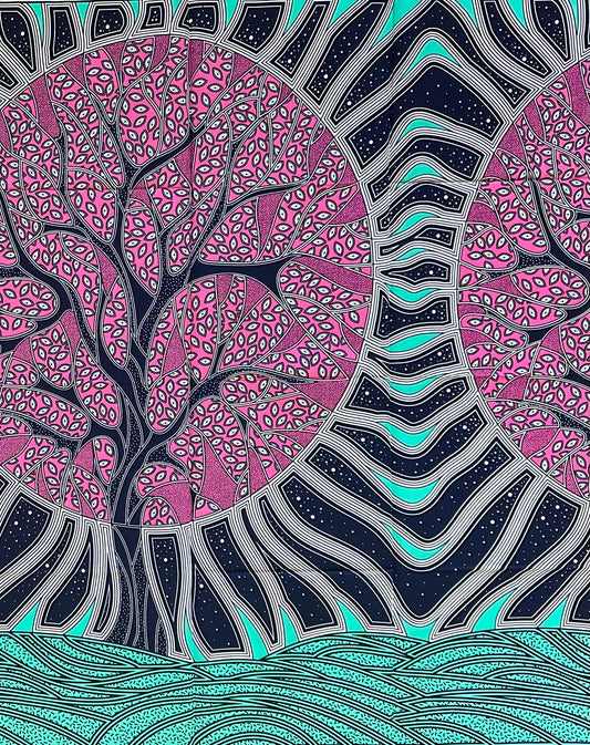 African Print Fabric/ Ankara - Turquoise, Navy, Pink, Black 'Canopy Circuit’, 1 YARD