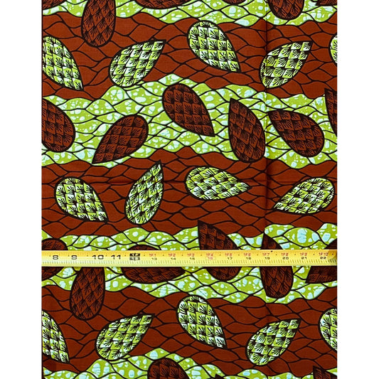African Print Fabric/ Ankara - Green, Brown ‘Field Theory' Design, 1 YARD