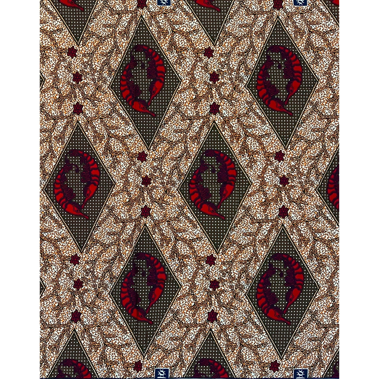 African Print Fabric/ Ankara - Red, Black, Orange 'Lobster Market' Design