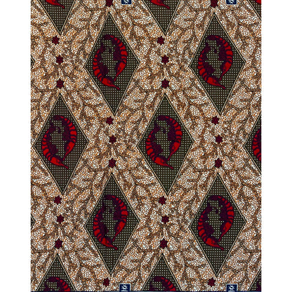African Print Fabric/ Ankara - Red, Black, Orange 'Lobster Market' Design