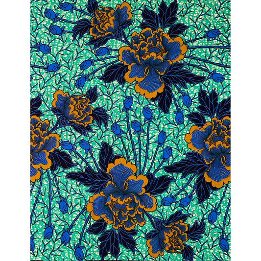 African Print Fabric/ Ankara - Green, Blue, Brown 'Big Bloom Energy,’ 1 YARD