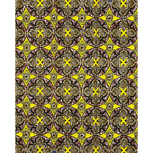 African Print Fabric/Ankara - Yellow, Black, Brown "Kano Crown" Design, Per Yard