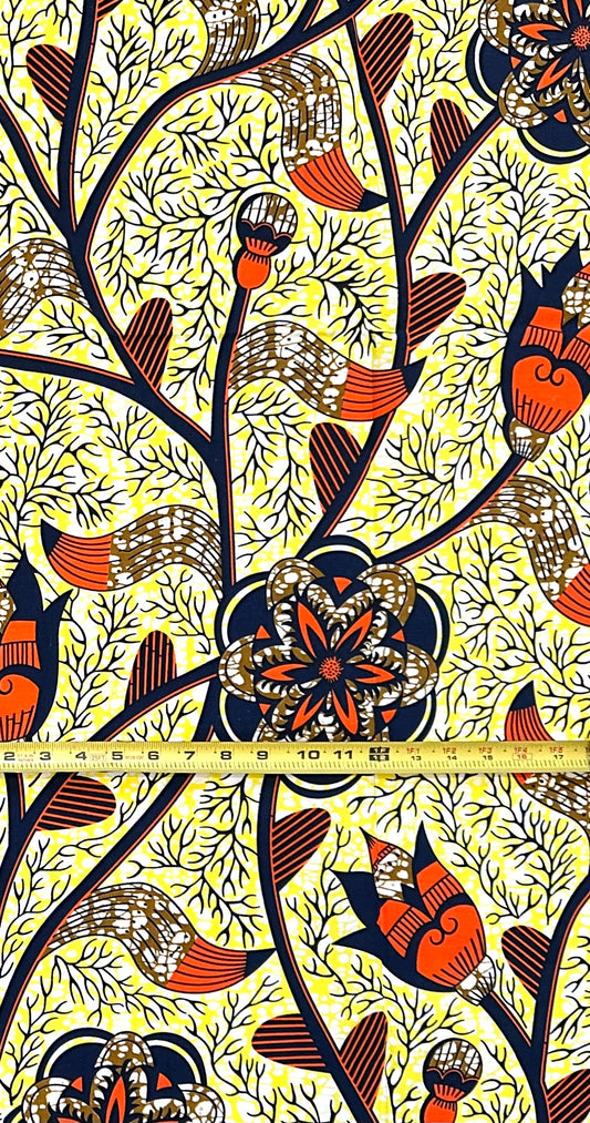 African Print Fabric/ Ankara - Yellow, Orange, Brown ‘Soft Life, Strong Roots', 1 YARD