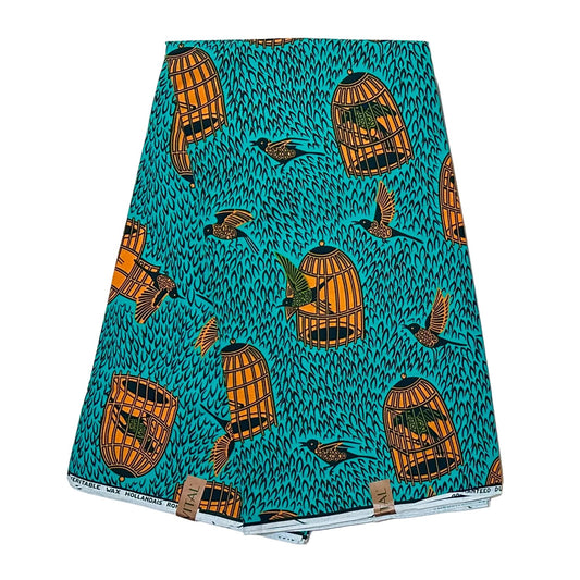 African Print Fabric/ Ankara - Teal, Marigold, Green 'I Know Why The Caged Bird Sings' Design, YARD or WHOLESALE
