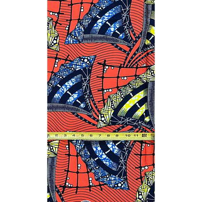 African Print Fabric/ Ankara - Dark Coral, Blue, Yellow ‘Impact' Design, 1 YARD