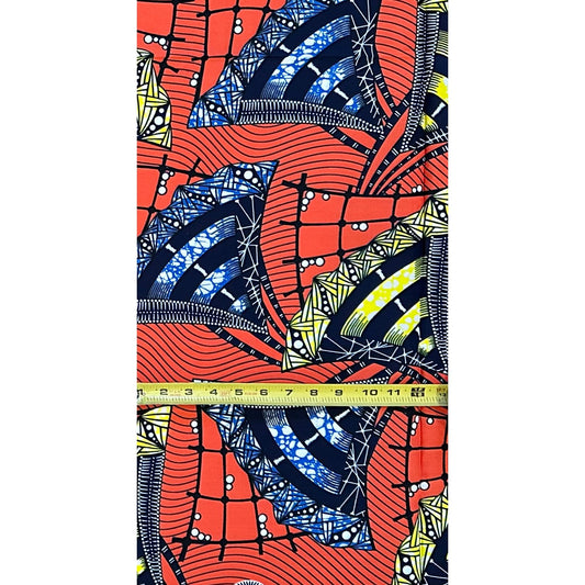 African Print Fabric/ Ankara - Dark Coral, Blue, Yellow ‘Impact' Design, 1 YARD