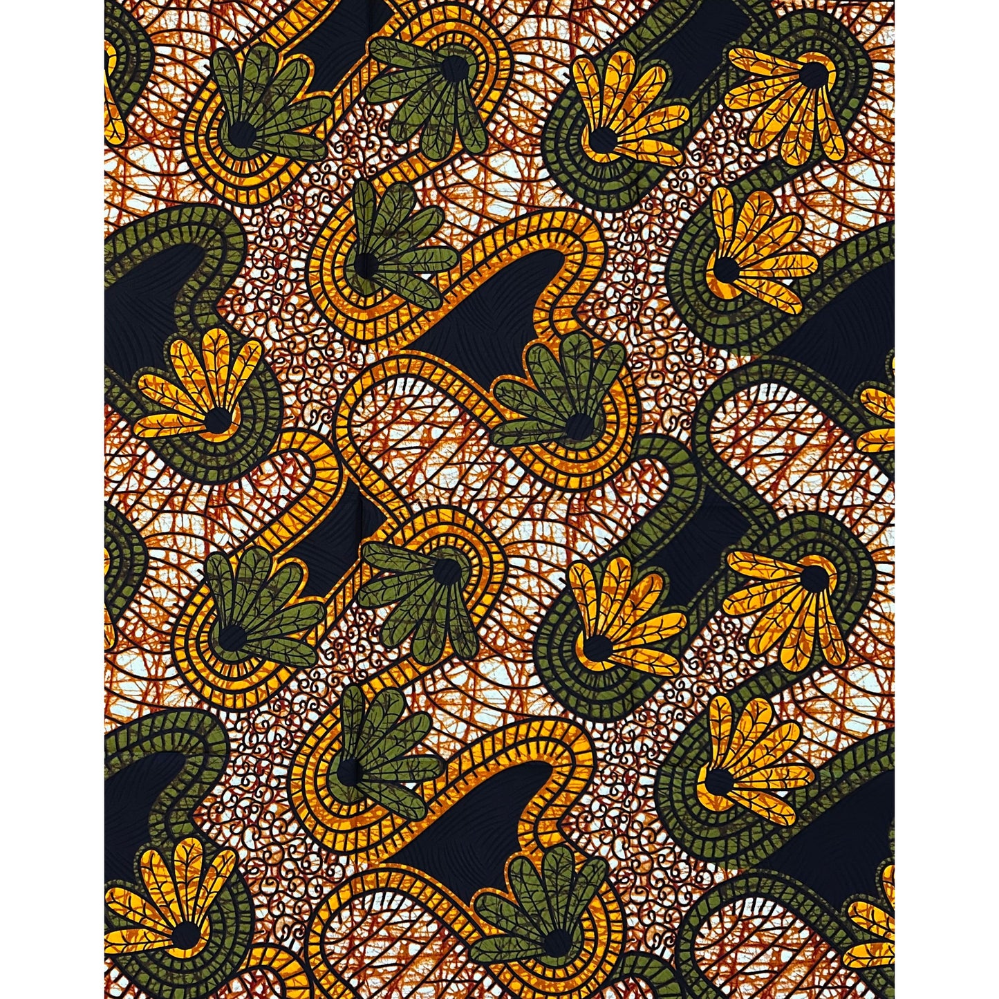 African Print Fabric/ Ankara - Brown, Green, Marigold, Black ‘E Get Sense' Design, 1 YARD