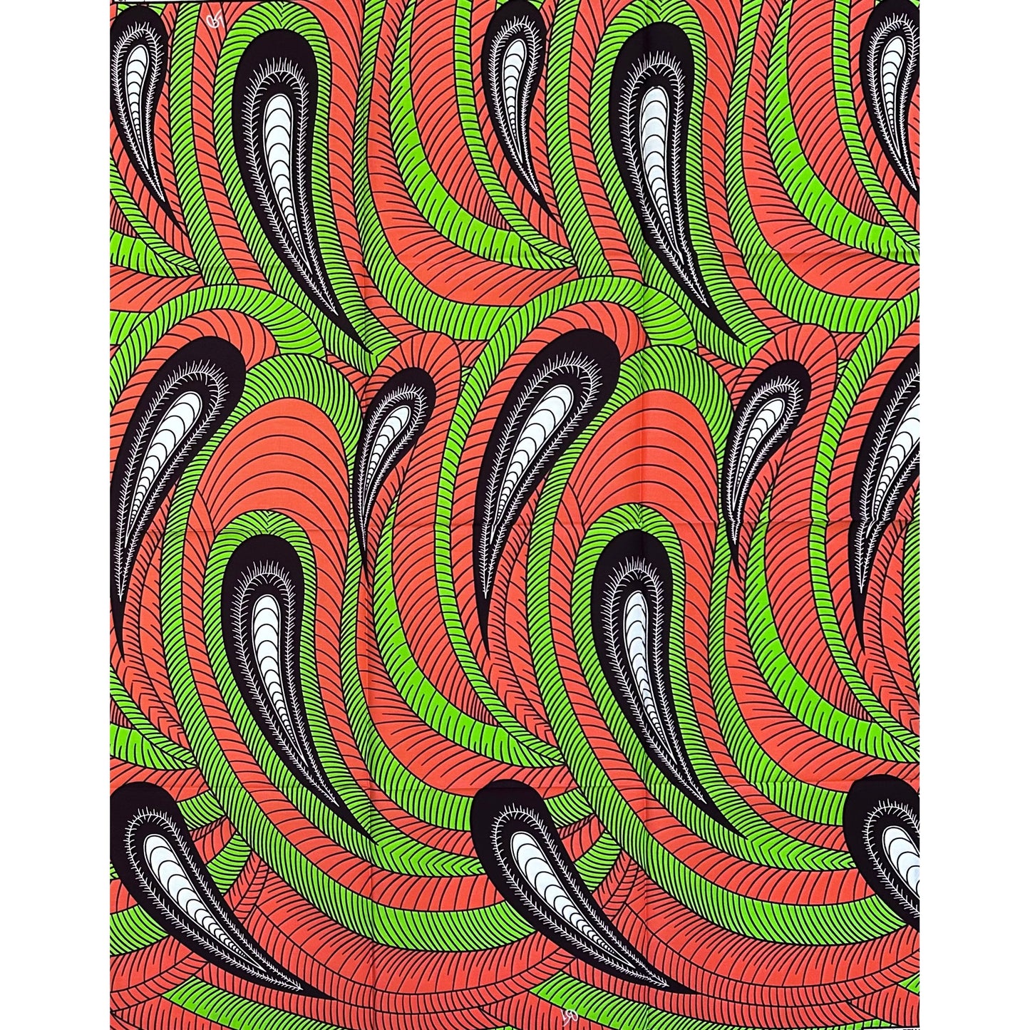 African Print Fabric/Ankara - Coral, Green, Brown "Samsara" Design, 1 Yard