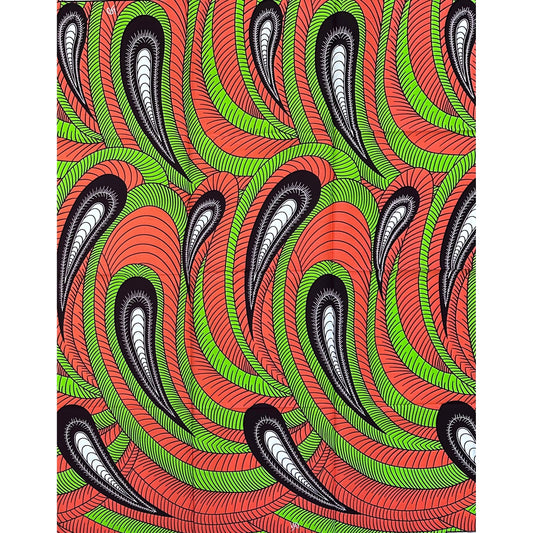African Print Fabric/Ankara - Coral, Green, Brown "Samsara" Design, 1 Yard