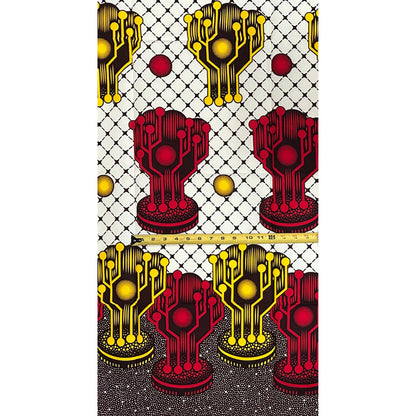 African Print Fabric/ Ankara - Red, Yellow, Cream ‘Solar Ascent' Design, YARD