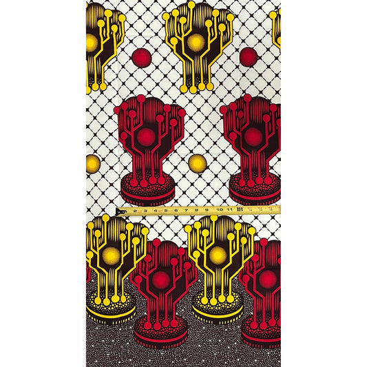 African Print Fabric/ Ankara - Red, Yellow, Cream ‘Solar Ascent' Design, YARD