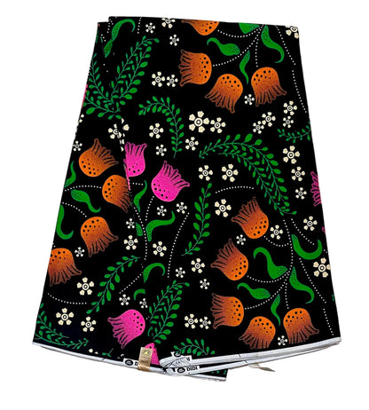 African Print Fabric/ Ankara - Green, Pink, Orange, Black 'Secret Garden Society', Yard or Wholesale