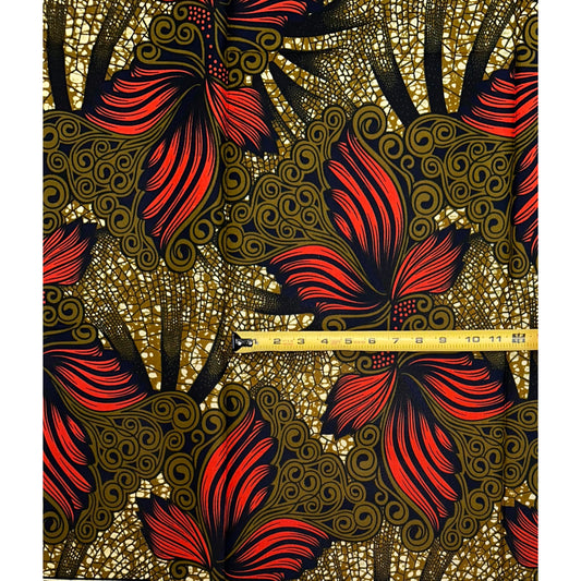 African Print Fabric/ Ankara - Red, Brown ‘Fiery Petals' Design, YARD