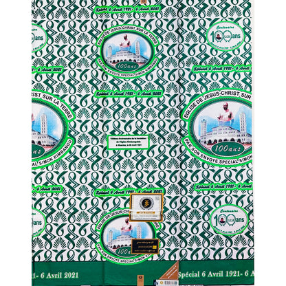 African Print Fabric/ Ankara - Green, White ‘Kimbangu Century of Faith' Design, YARD