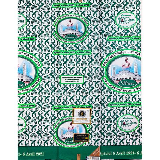 African Print Fabric/ Ankara - Green, White ‘Kimbangu Century of Faith' Design, YARD