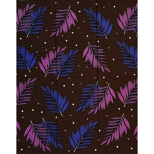 African Print Fabric/Ankara - Purple, Periwinkle, Brown “Okirikiri Leaves" Design, 1 Yard