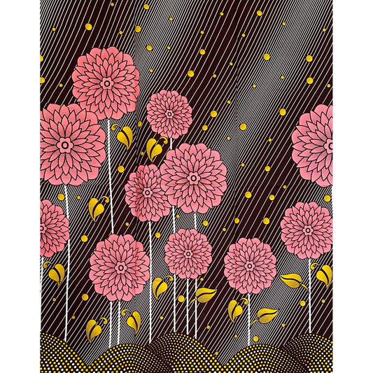 African Print Fabric/Ankara - Pink, Yellow, Brown "Midnight Blossom Parade" Design