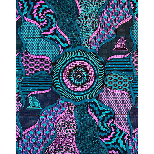 African Print Fabric/ Ankara - Teal, Pink, Navy, Black ‘Heart of Ile ' Design, 1 YARD