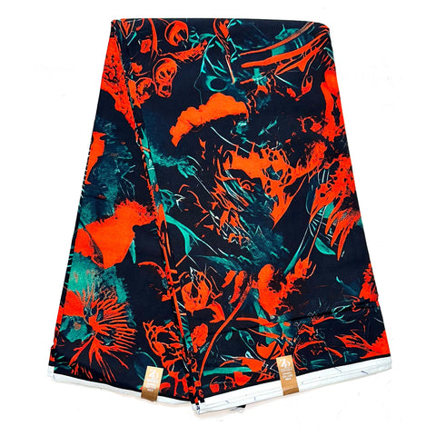 African Print Fabric/ Ankara - Orange, Green, Black “Tropical Bukani”, Per Yard or Wholesale