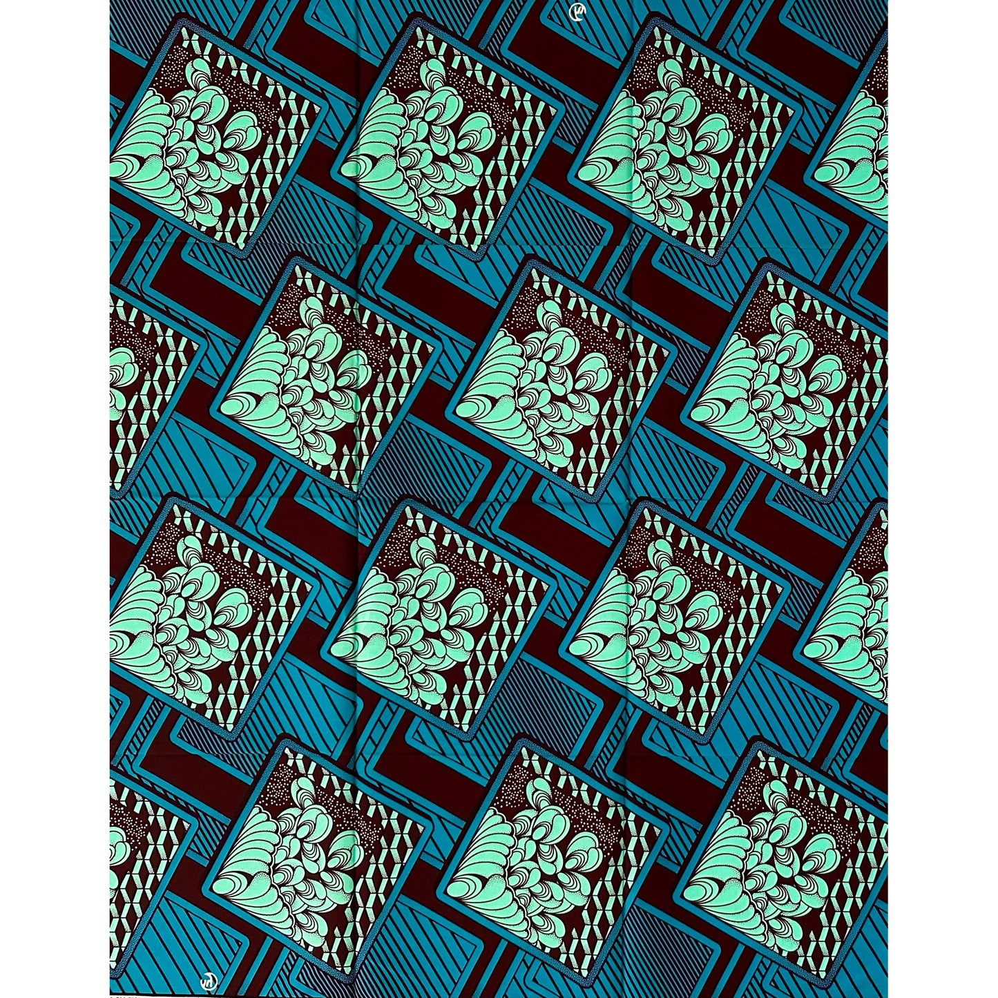 African Print Fabric/ Ankara - Blue, Mint Green, Brown 'Eko Retro Panels,’ 1 YARD