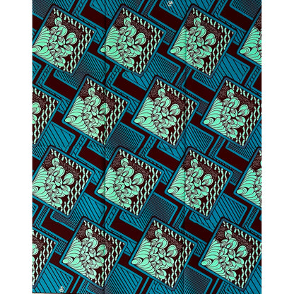African Print Fabric/ Ankara - Blue, Mint Green, Brown 'Eko Retro Panels,’ 1 YARD