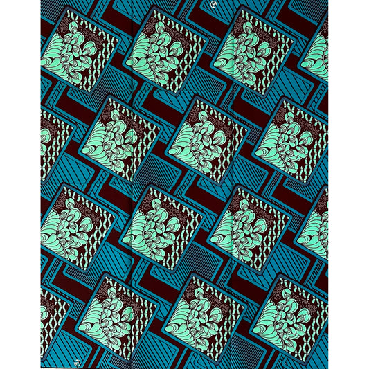 African Print Fabric/ Ankara - Blue, Mint Green, Brown 'Eko Retro Panels,’ 1 YARD
