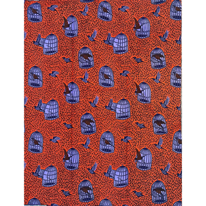 African Print Fabric/ Ankara - Orange, Purple, Navy 'I Know Why The Caged Bird Sings' Design, YARD or WHOLESALE