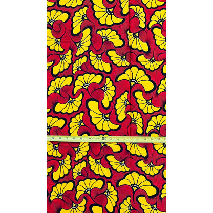 African Print Fabric/Ankara - Red, Marigold 'Hibiscus', 1 YARD