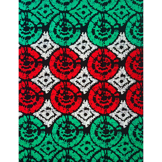 African Print Fabric/ Ankara - Red, Green, Black 'Riziki, Riziki' Design, YARD or WHOLESALE