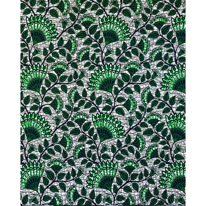 African Print Fabric/ Ankara - Green, Gray 'Everything Connects Eventually' Design, YARD or WHOLESALE