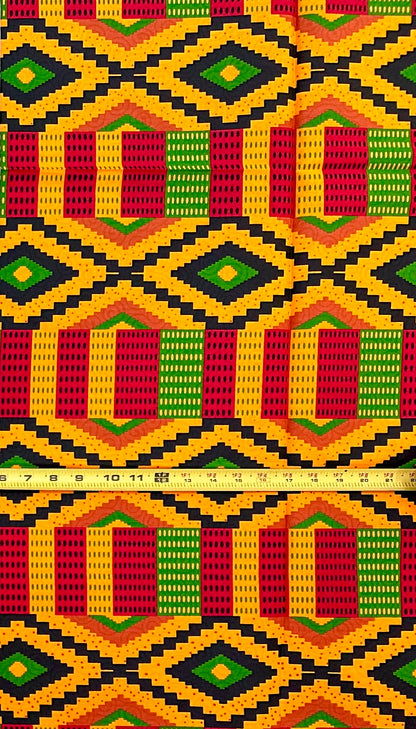 African Print Fabric/Ankara - Orange, Red, Black, Green "Still We Rise" Kente, 1 Yard
